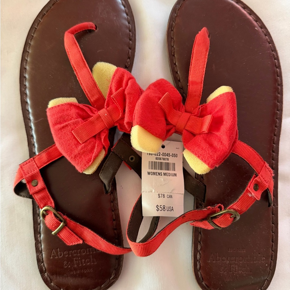 NWT Vintage Abercrombie & Fitch Women’s Sandals Leather Textile Coral Bow Sz 8-9